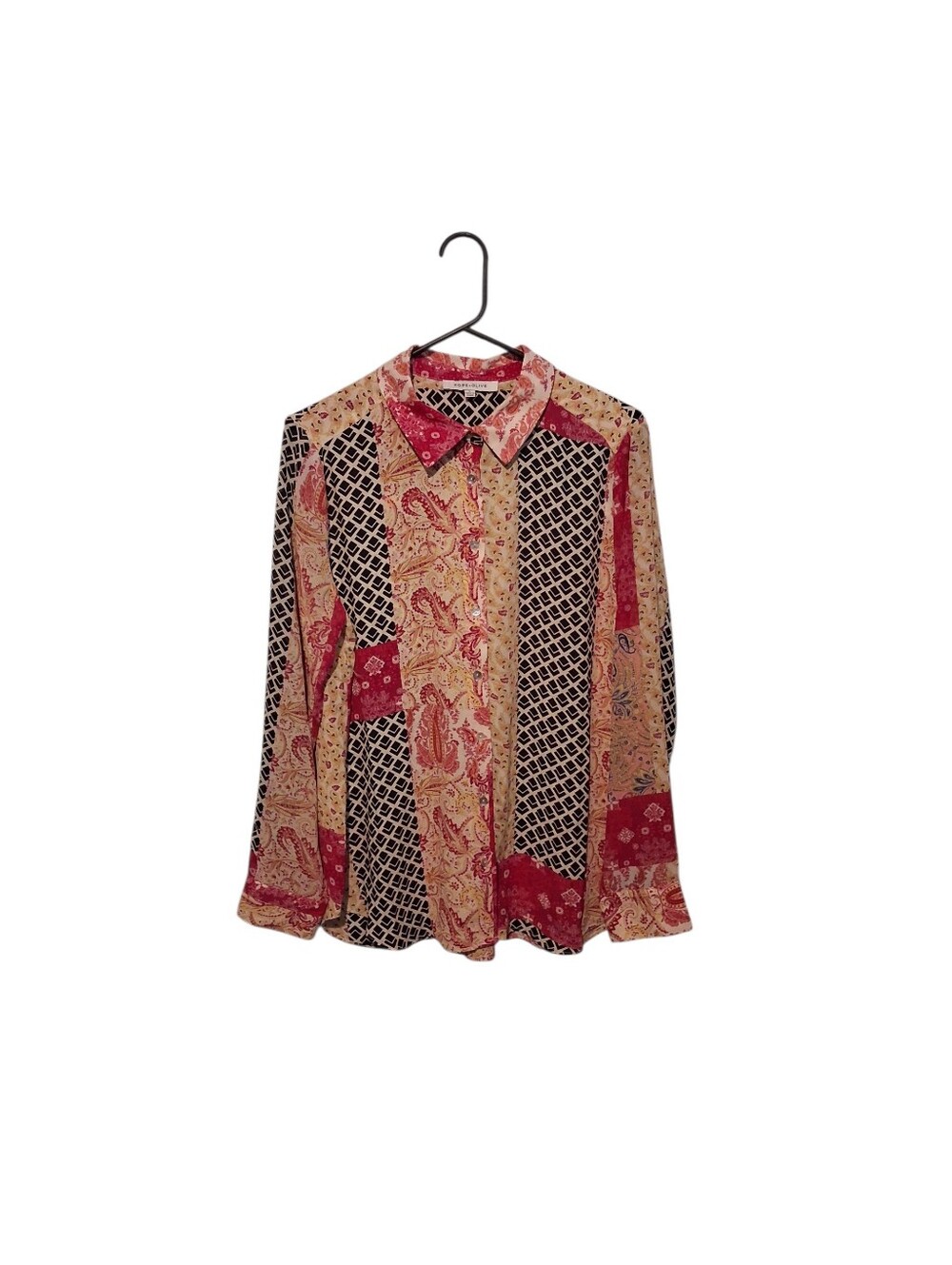 Rose + Olive Button Up Tunic Top Womens L Paisley Patchwork Artsy Cottage Office